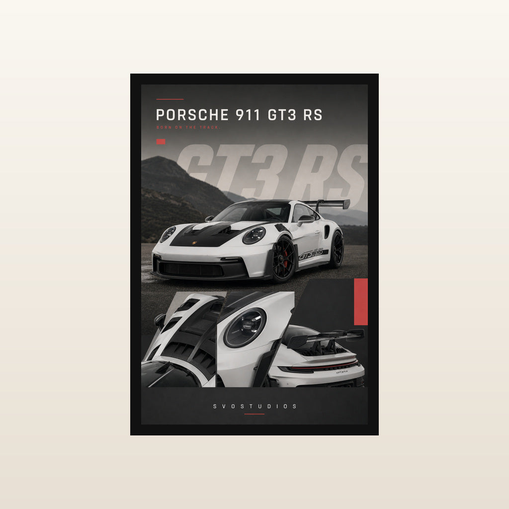 White & Black Porsche 911 GT3 RS Automotive Wall Art in Classic black frame
