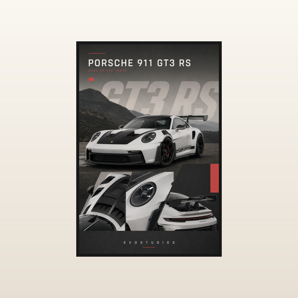 White & Black Porsche 911 GT3 RS Automotive Wall Art in Standard black frame