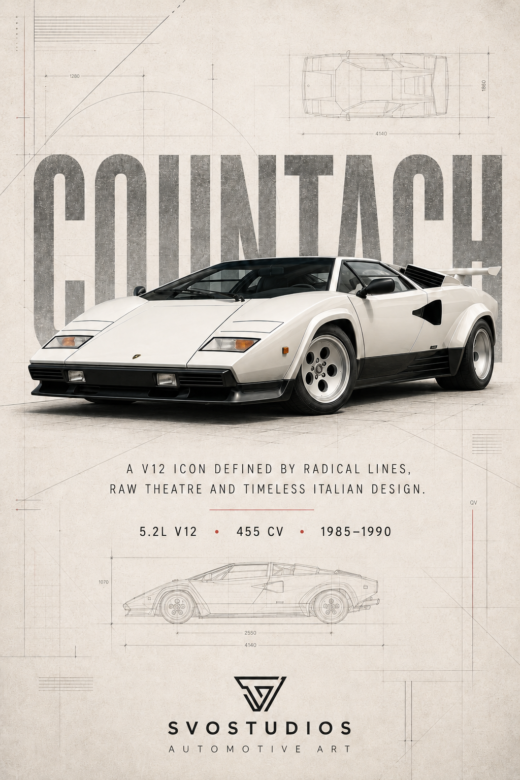 White Lamborghini Countach heritage blueprint artwork by SVOSTUDIOS