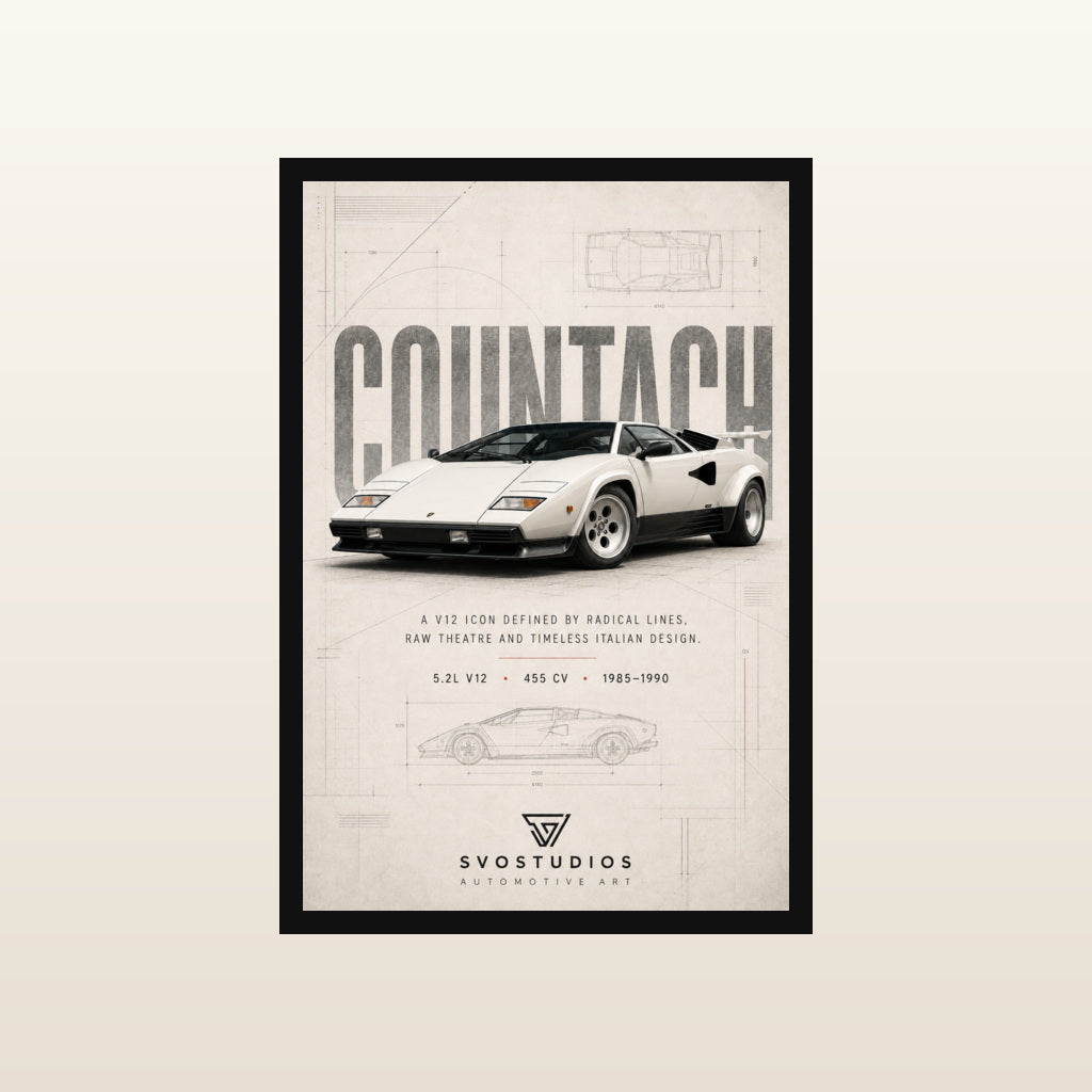 White Lamborghini Countach Heritage Blueprint in Classic black frame