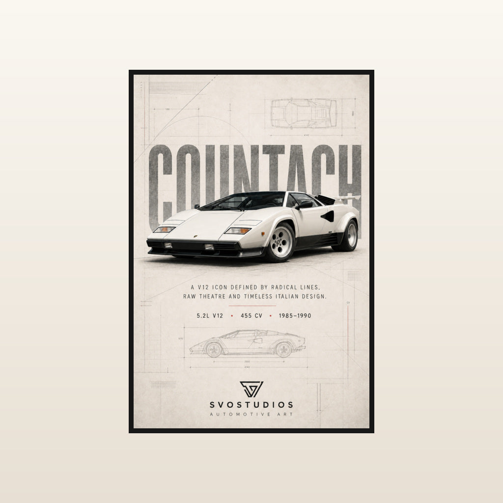 White Lamborghini Countach Heritage Blueprint in Standard black frame